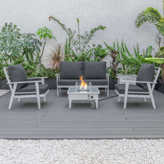 LeisureMod Walbrooke Modern White Patio Conversation With Square Fire Pit With Slats Design & Tank Holder