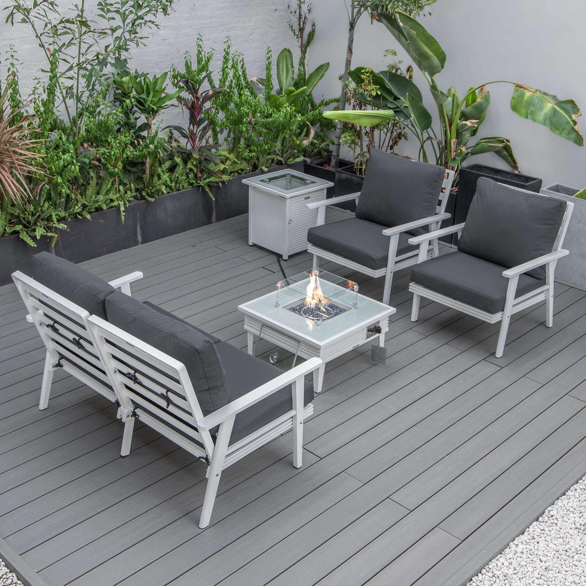 LeisureMod Walbrooke Modern White Patio Conversation With Square Fire Pit With Slats Design & Tank Holder | Outdoor Sofas, Loveseats & Sectionals | Modishstore - 4