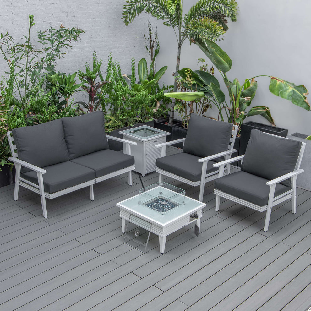 LeisureMod Walbrooke Modern White Patio Conversation With Square Fire Pit With Slats Design & Tank Holder | Outdoor Sofas, Loveseats & Sectionals | Modishstore - 2