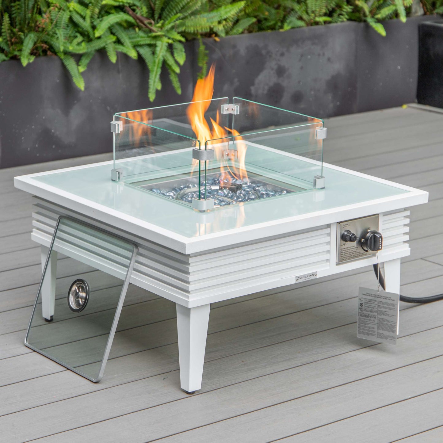 LeisureMod Walbrooke Modern White Patio Conversation With Square Fire Pit With Slats Design & Tank Holder | Outdoor Sofas, Loveseats & Sectionals | Modishstore - 9