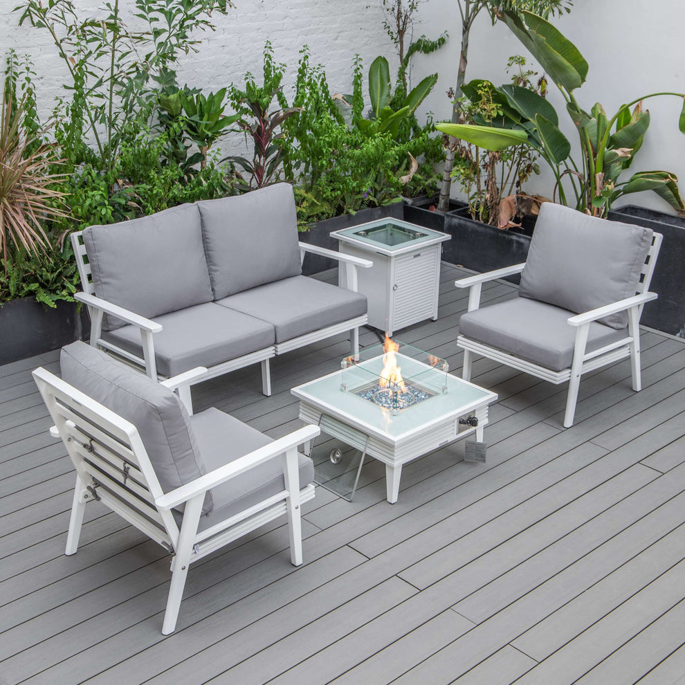 LeisureMod Walbrooke Modern White Patio Conversation With Square Fire Pit & Tank Holder | Outdoor Sofas, Loveseats & Sectionals | Modishstore - 117