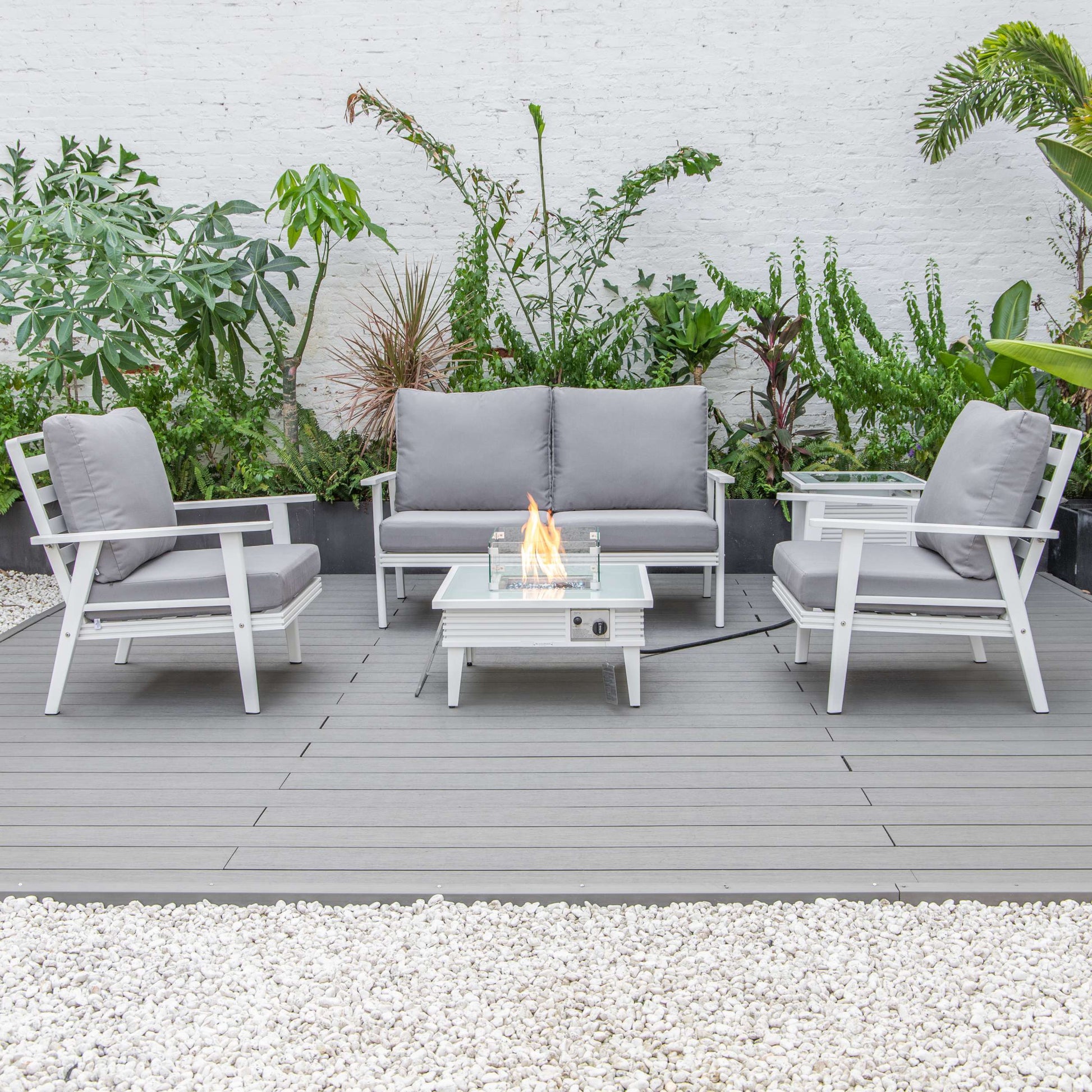 LeisureMod Walbrooke Modern White Patio Conversation With Square Fire Pit & Tank Holder | Outdoor Sofas, Loveseats & Sectionals | Modishstore - 116