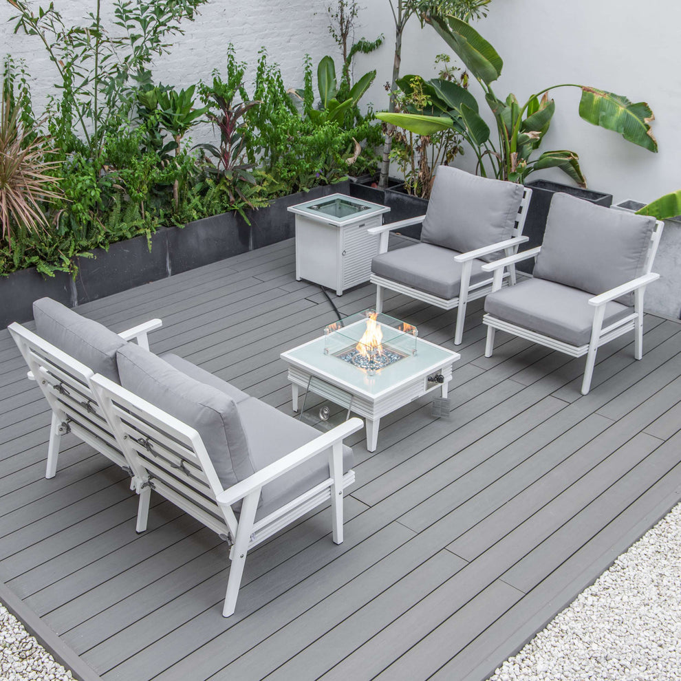 LeisureMod Walbrooke Modern White Patio Conversation With Square Fire Pit & Tank Holder | Outdoor Sofas, Loveseats & Sectionals | Modishstore - 114