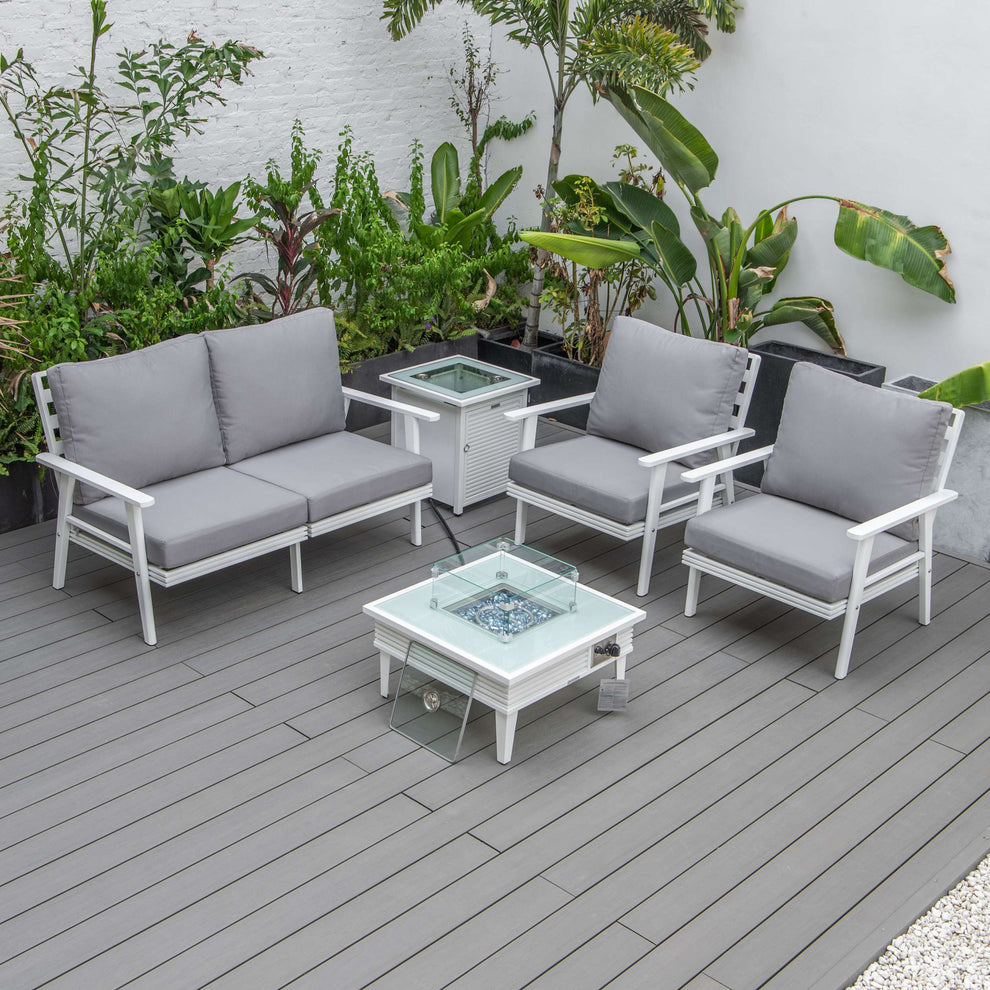 LeisureMod Walbrooke Modern White Patio Conversation With Square Fire Pit & Tank Holder | Outdoor Sofas, Loveseats & Sectionals | Modishstore - 115
