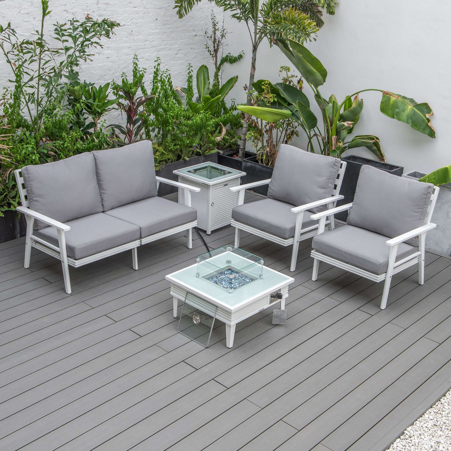LeisureMod Walbrooke Modern White Patio Conversation With Square Fire Pit With Slats Design & Tank Holder | Outdoor Sofas, Loveseats & Sectionals | Modishstore - 67