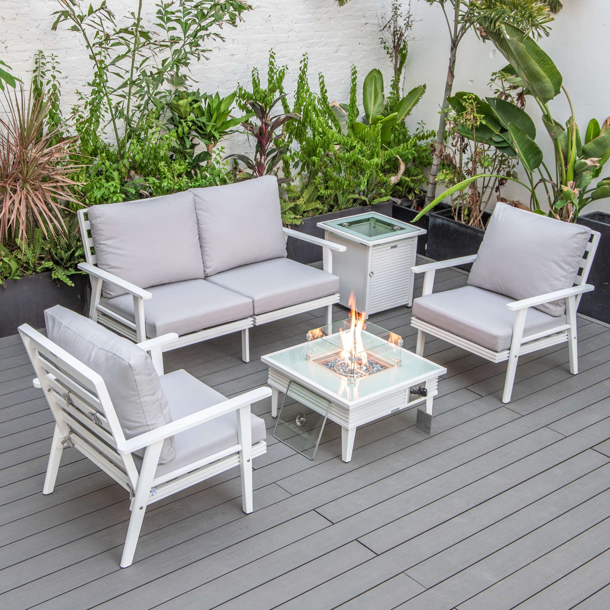 LeisureMod Walbrooke Modern White Patio Conversation With Square Fire Pit & Tank Holder | Outdoor Sofas, Loveseats & Sectionals | Modishstore - 87