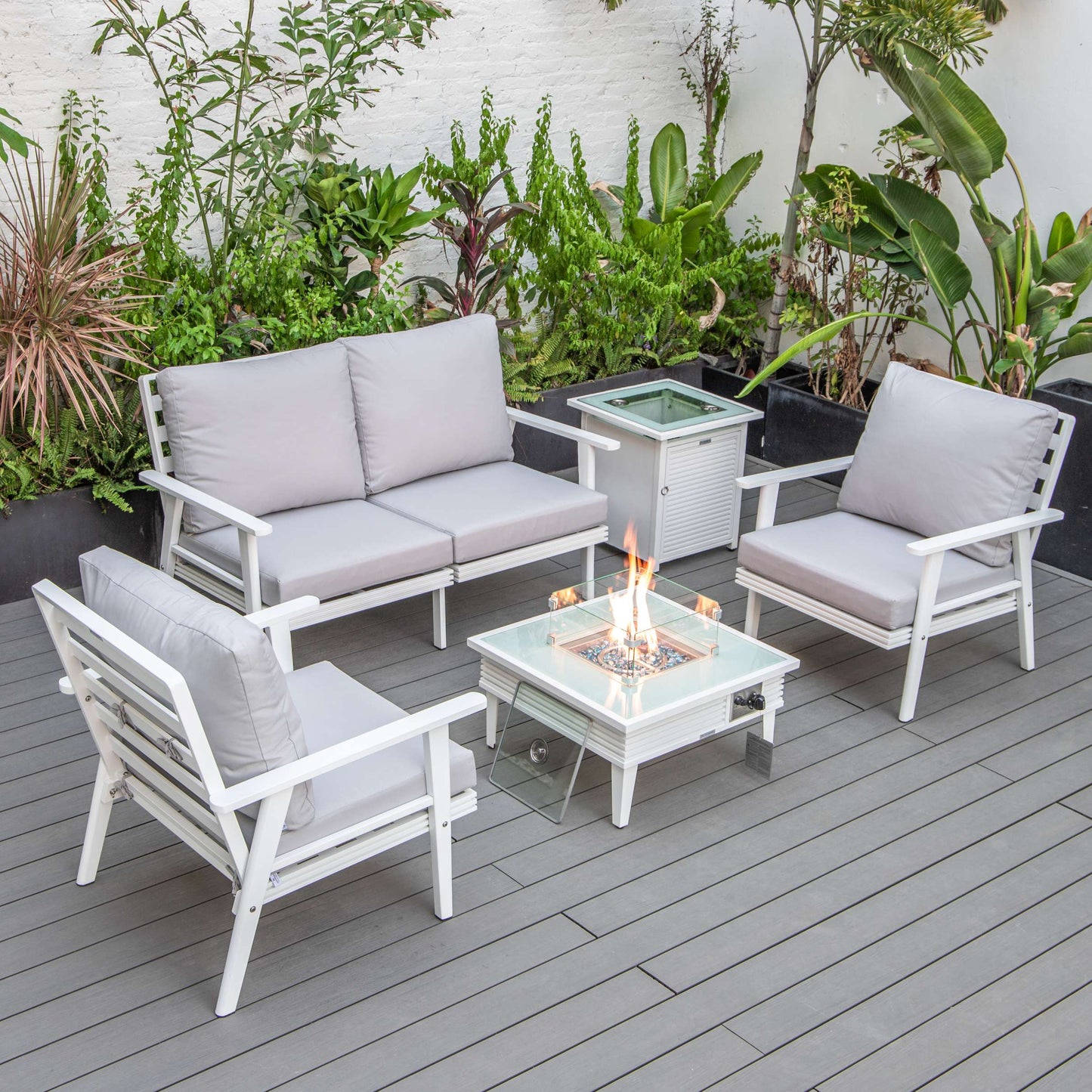 LeisureMod Walbrooke Modern White Patio Conversation With Square Fire Pit With Slats Design & Tank Holder | Outdoor Sofas, Loveseats & Sectionals | Modishstore - 50