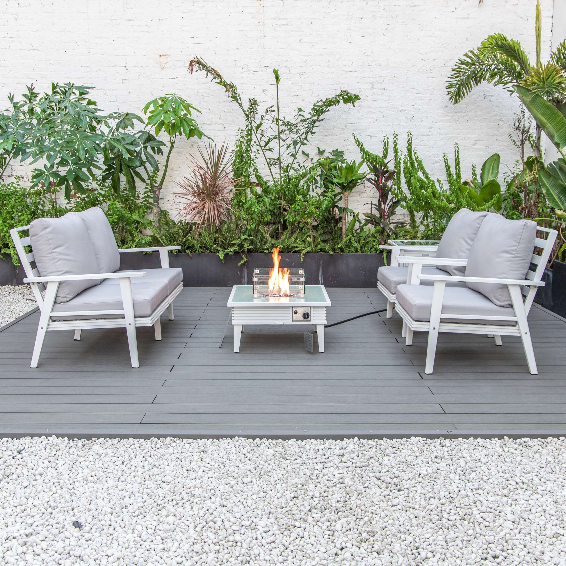 LeisureMod Walbrooke Modern White Patio Conversation With Square Fire Pit With Slats Design & Tank Holder | Outdoor Sofas, Loveseats & Sectionals | Modishstore - 51