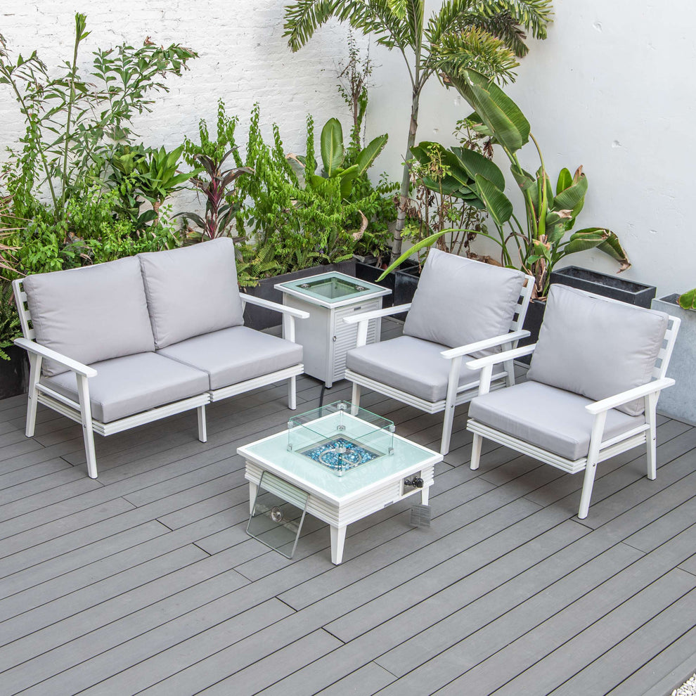 LeisureMod Walbrooke Modern White Patio Conversation With Square Fire Pit & Tank Holder | Outdoor Sofas, Loveseats & Sectionals | Modishstore - 91