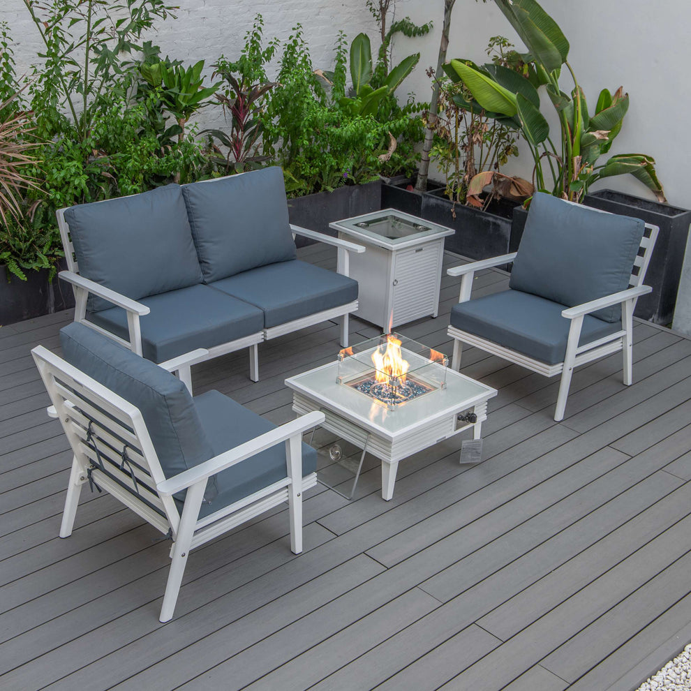 LeisureMod Walbrooke Modern White Patio Conversation With Square Fire Pit With Slats Design & Tank Holder | Outdoor Sofas, Loveseats & Sectionals | Modishstore - 27