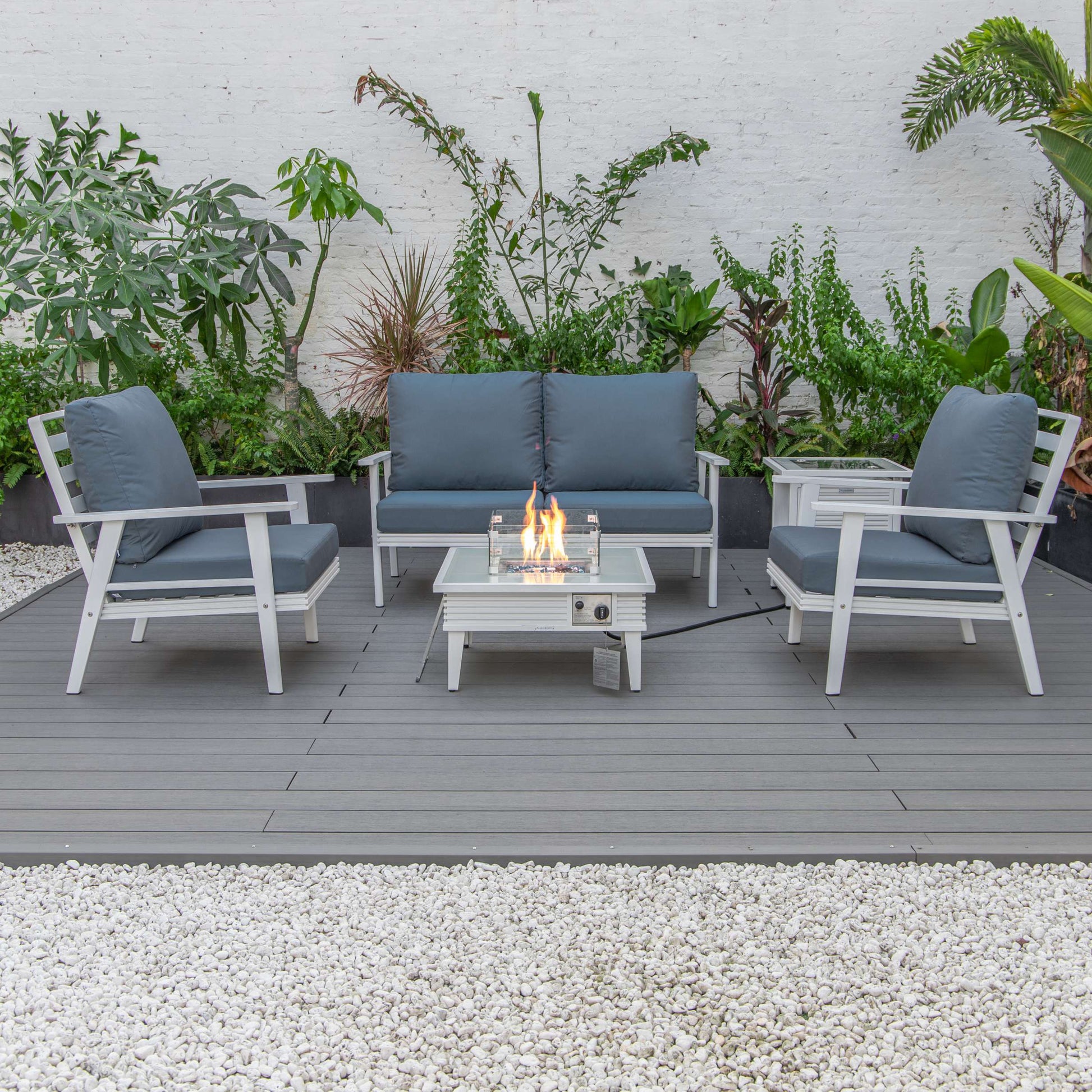 LeisureMod Walbrooke Modern White Patio Conversation With Square Fire Pit With Slats Design & Tank Holder | Outdoor Sofas, Loveseats & Sectionals | Modishstore - 20