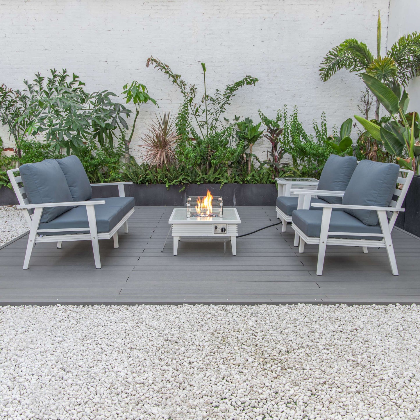 LeisureMod Walbrooke Modern White Patio Conversation With Square Fire Pit With Slats Design & Tank Holder | Outdoor Sofas, Loveseats & Sectionals | Modishstore - 24