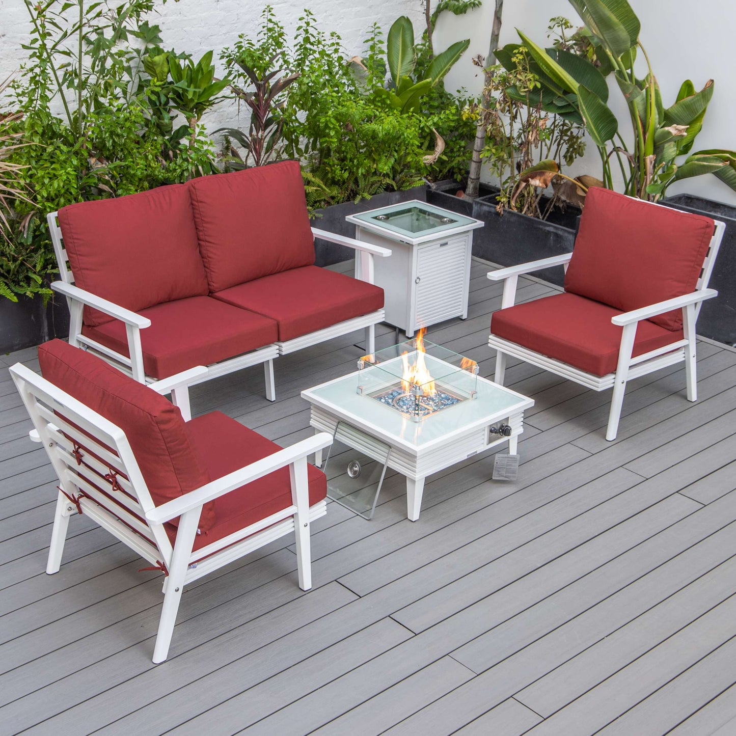 LeisureMod Walbrooke Modern White Patio Conversation With Square Fire Pit With Slats Design & Tank Holder | Outdoor Sofas, Loveseats & Sectionals | Modishstore - 83