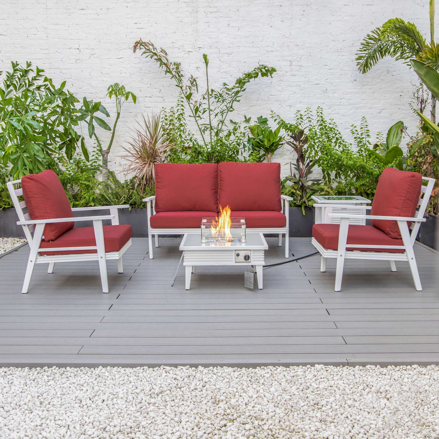 LeisureMod Walbrooke Modern White Patio Conversation With Square Fire Pit With Slats Design & Tank Holder | Outdoor Sofas, Loveseats & Sectionals | Modishstore - 76