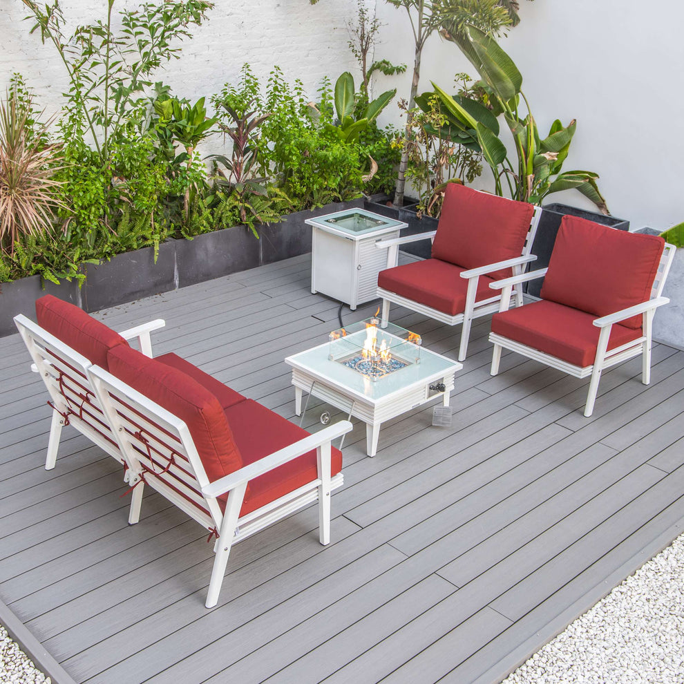 LeisureMod Walbrooke Modern White Patio Conversation With Square Fire Pit With Slats Design & Tank Holder | Outdoor Sofas, Loveseats & Sectionals | Modishstore - 80