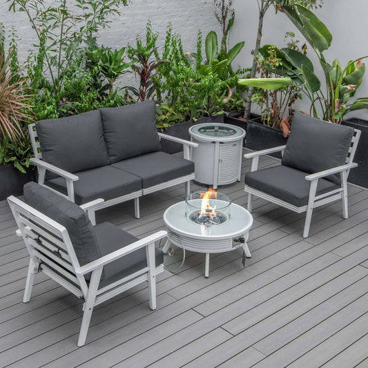 LeisureMod Walbrooke Modern White Patio Conversation With Round Fire Pit With Slats Design & Tank Holder | Outdoor Sofas, Loveseats & Sectionals | Modishstore