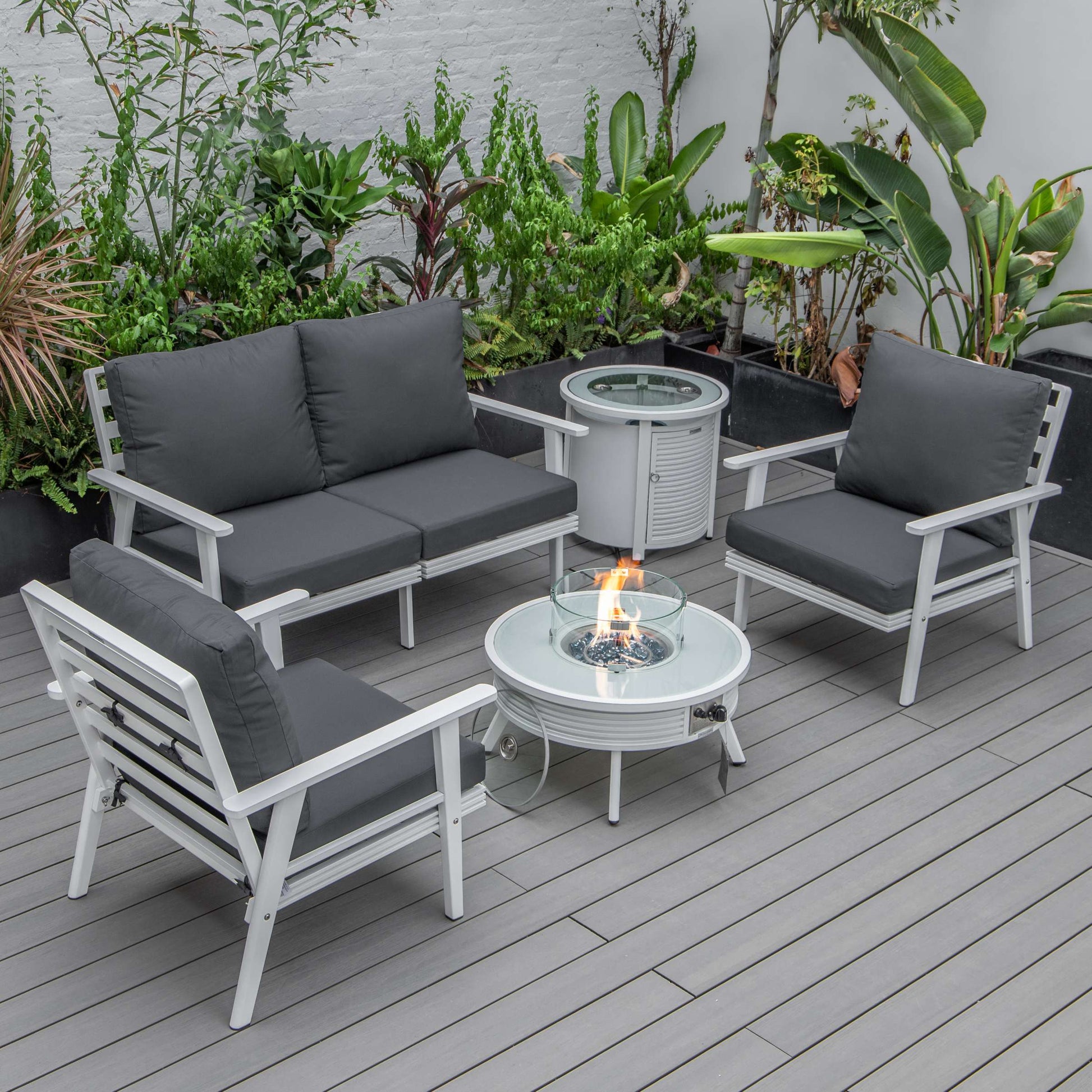 LeisureMod Walbrooke Modern White Patio Conversation With Round Fire Pit & Tank Holder | Outdoor Sofas, Loveseats & Sectionals | Modishstore - 3