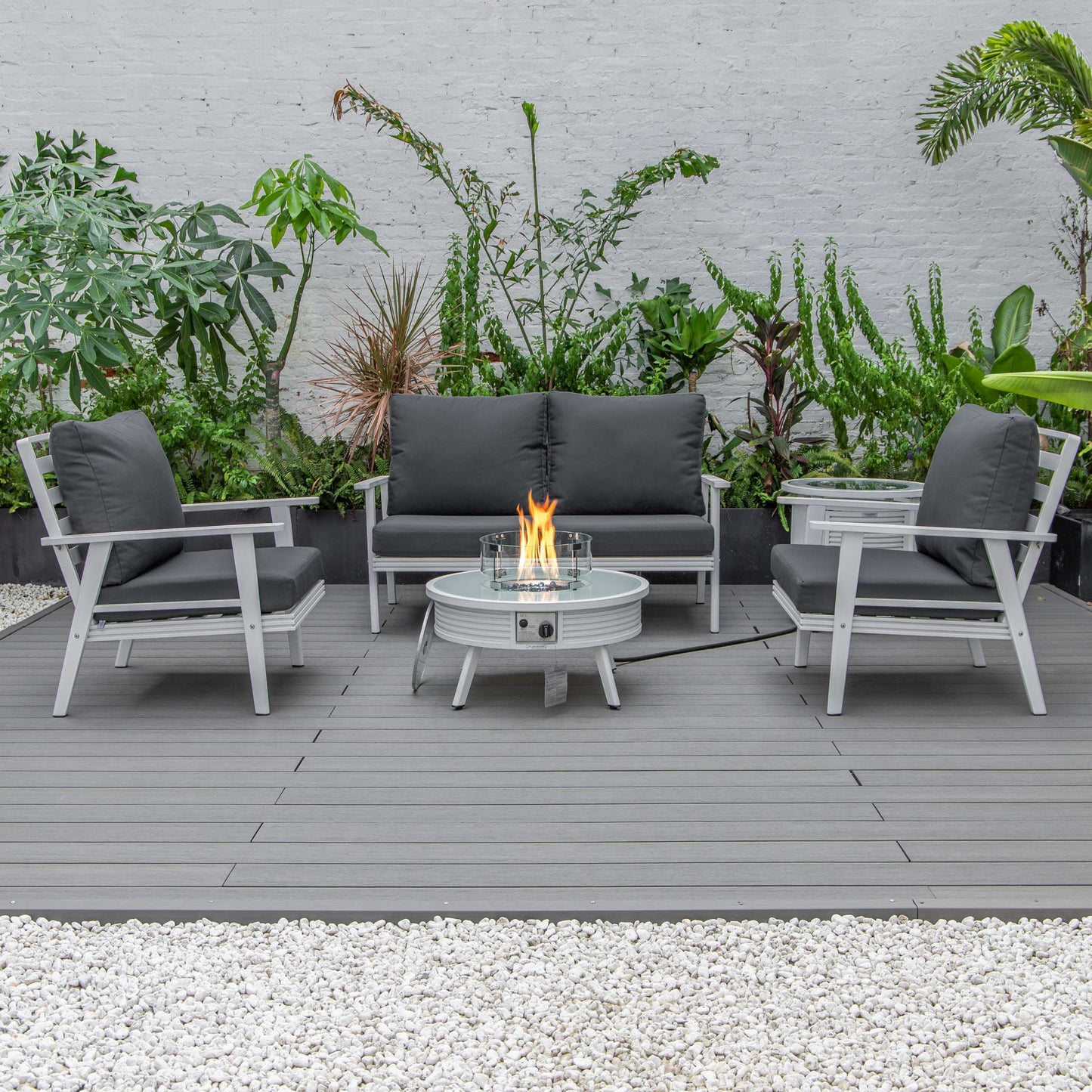 LeisureMod Walbrooke Modern White Patio Conversation With Round Fire Pit With Slats Design & Tank Holder | Outdoor Sofas, Loveseats & Sectionals | Modishstore - 12