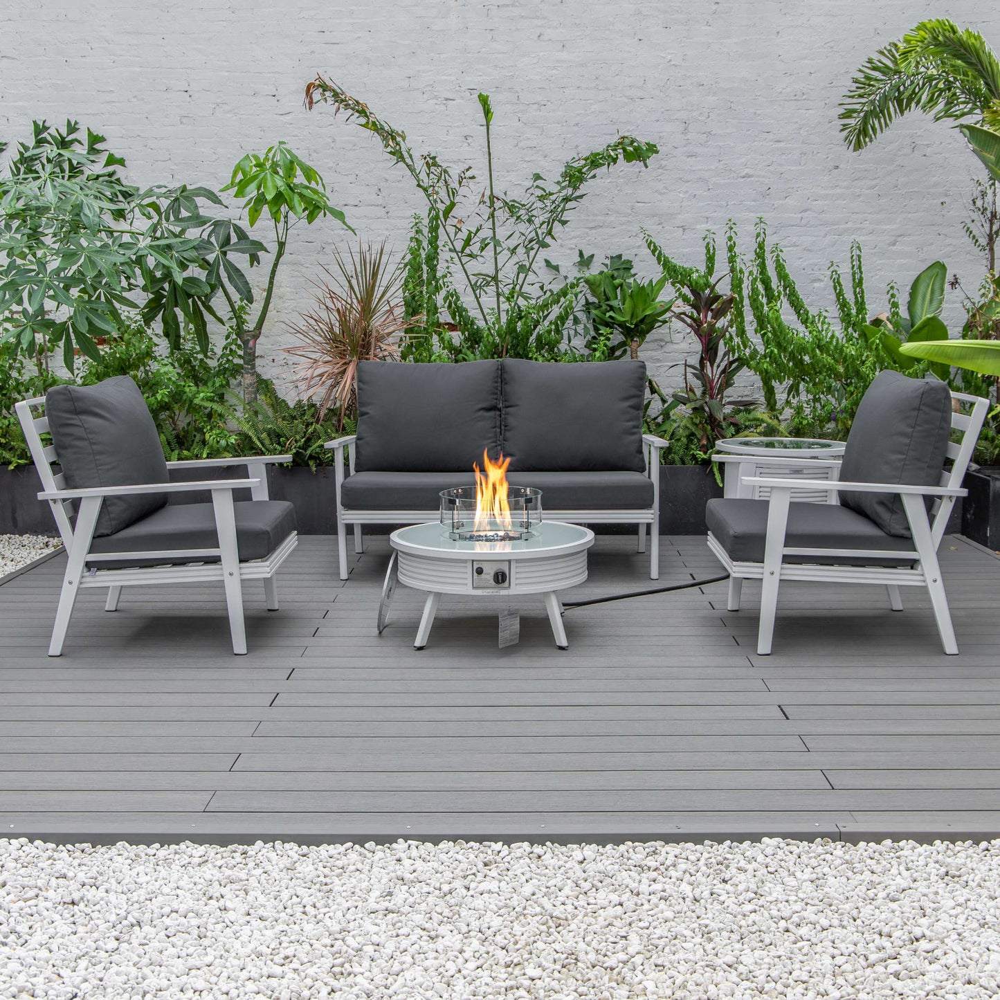 LeisureMod Walbrooke Modern White Patio Conversation With Round Fire Pit & Tank Holder | Outdoor Sofas, Loveseats & Sectionals | Modishstore - 58