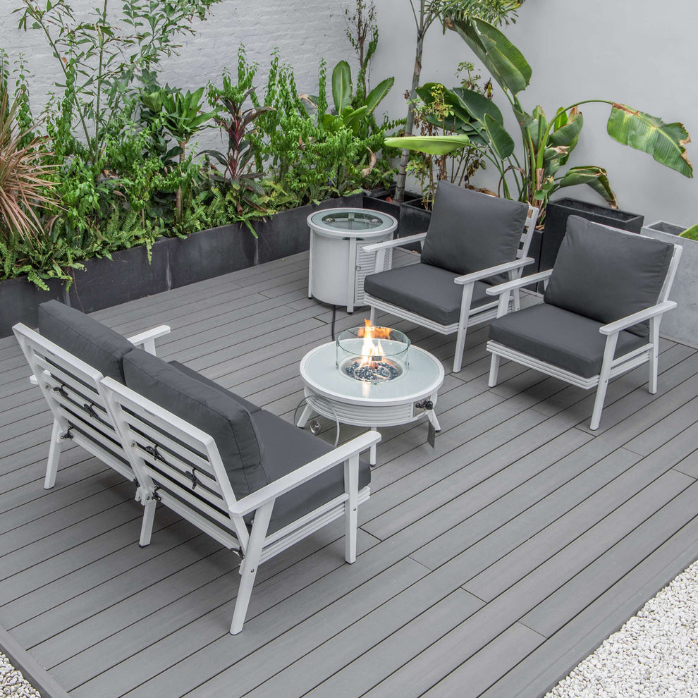 LeisureMod Walbrooke Modern White Patio Conversation With Round Fire Pit & Tank Holder | Outdoor Sofas, Loveseats & Sectionals | Modishstore - 2