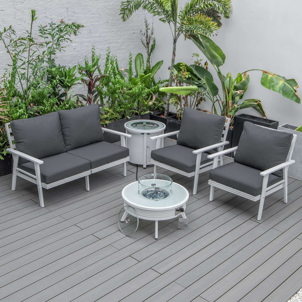 LeisureMod Walbrooke Modern White Patio Conversation With Round Fire Pit With Slats Design & Tank Holder | Outdoor Sofas, Loveseats & Sectionals | Modishstore - 11