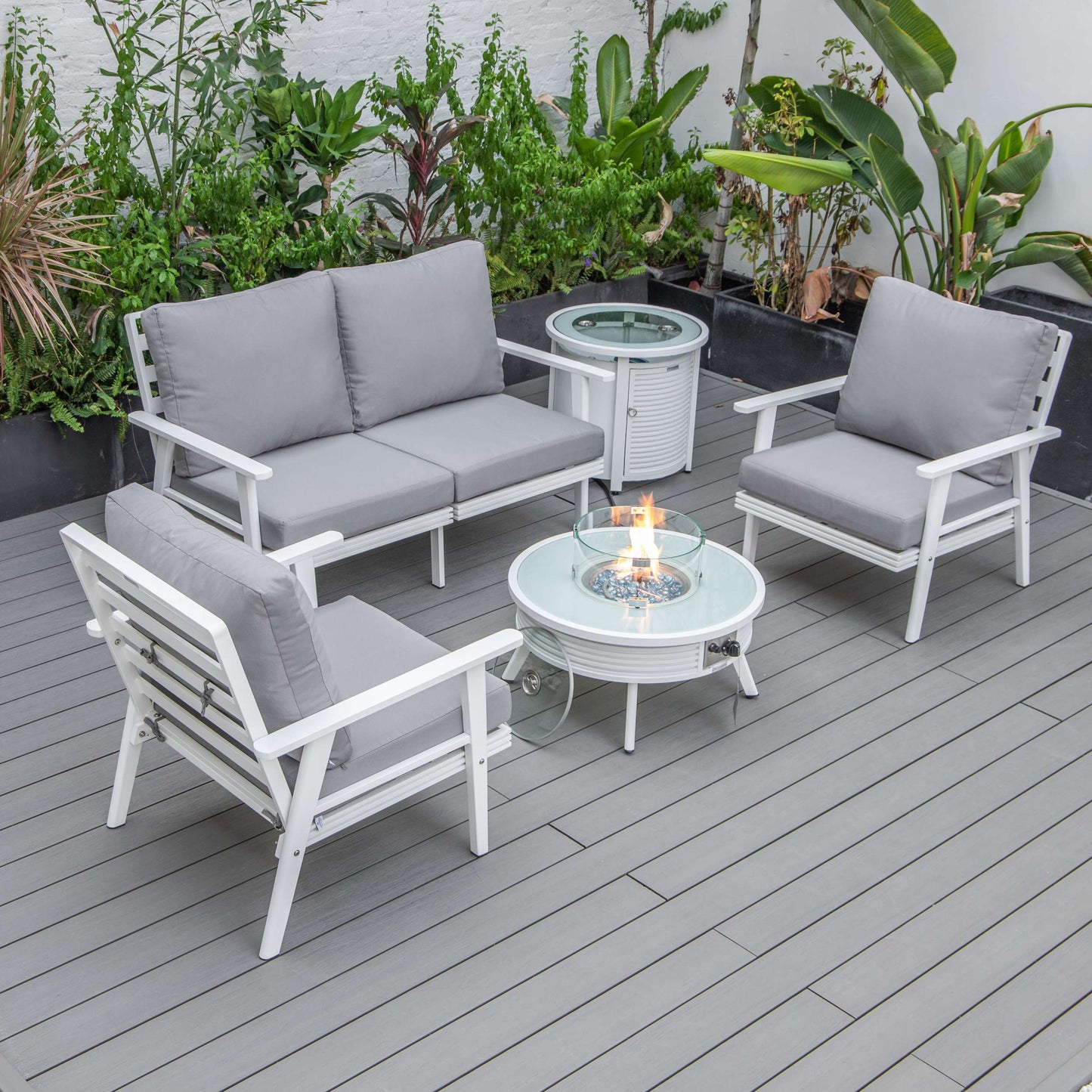 LeisureMod Walbrooke Modern White Patio Conversation With Round Fire Pit With Slats Design & Tank Holder | Outdoor Sofas, Loveseats & Sectionals | Modishstore - 45