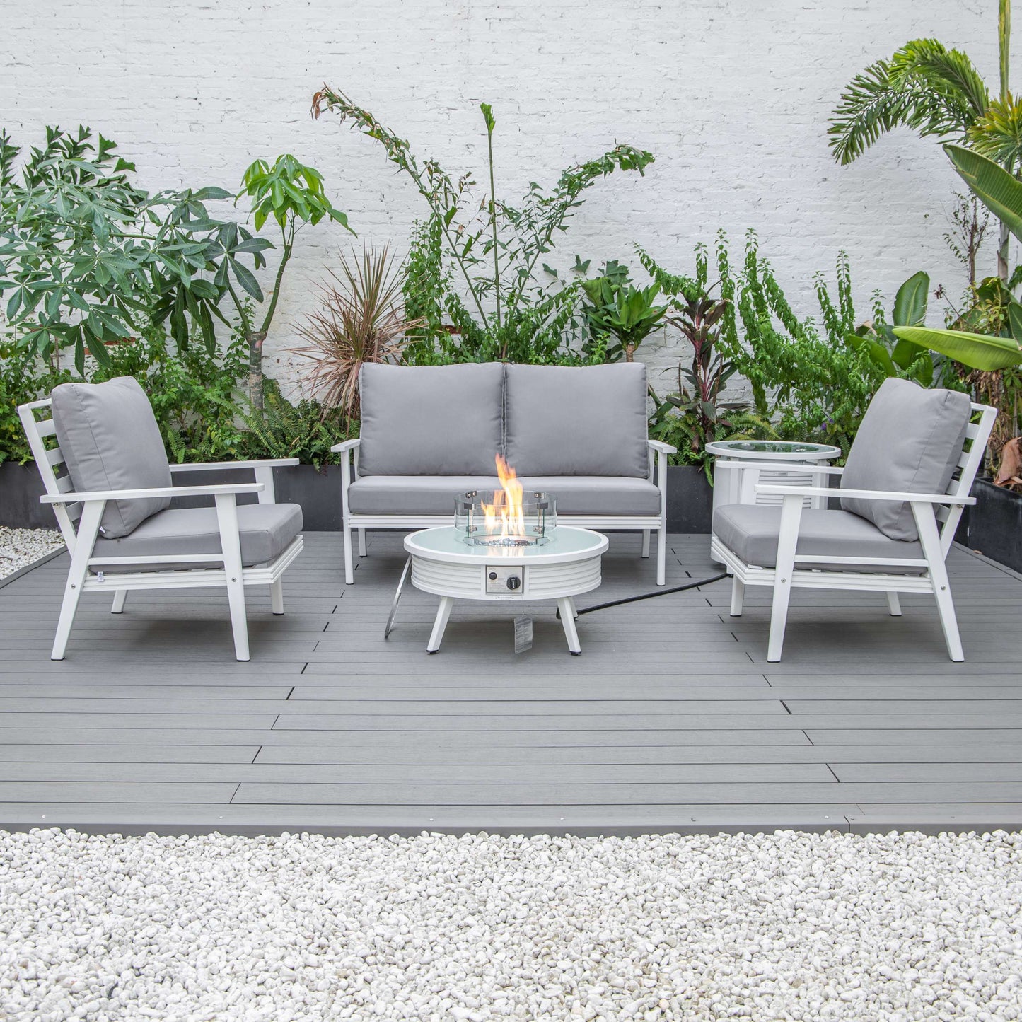 LeisureMod Walbrooke Modern White Patio Conversation With Round Fire Pit & Tank Holder | Outdoor Sofas, Loveseats & Sectionals | Modishstore - 68