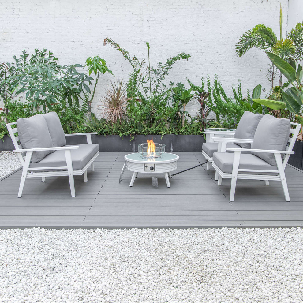 LeisureMod Walbrooke Modern White Patio Conversation With Round Fire Pit & Tank Holder | Outdoor Sofas, Loveseats & Sectionals | Modishstore - 59