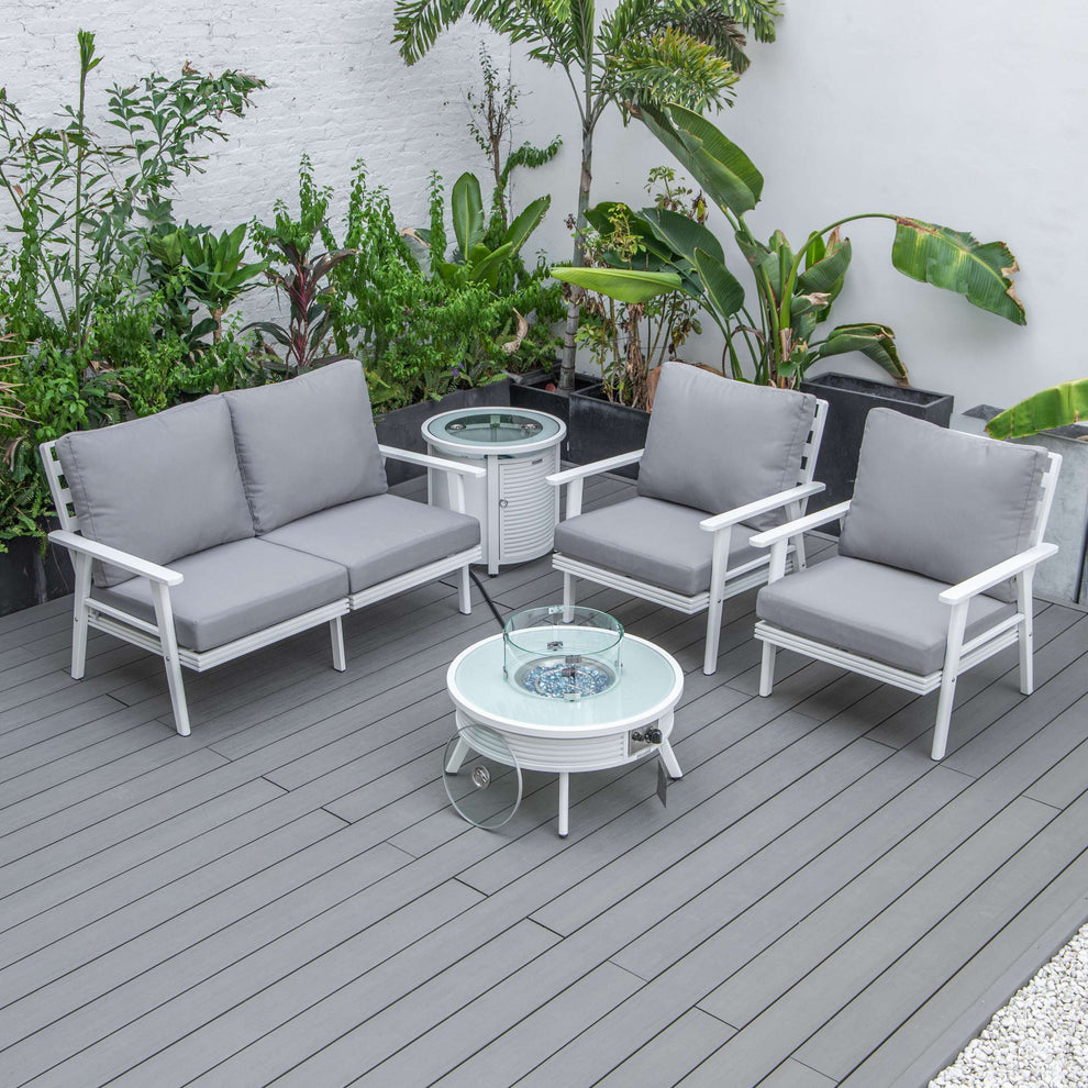 LeisureMod Walbrooke Modern White Patio Conversation With Round Fire Pit & Tank Holder | Outdoor Sofas, Loveseats & Sectionals | Modishstore - 63