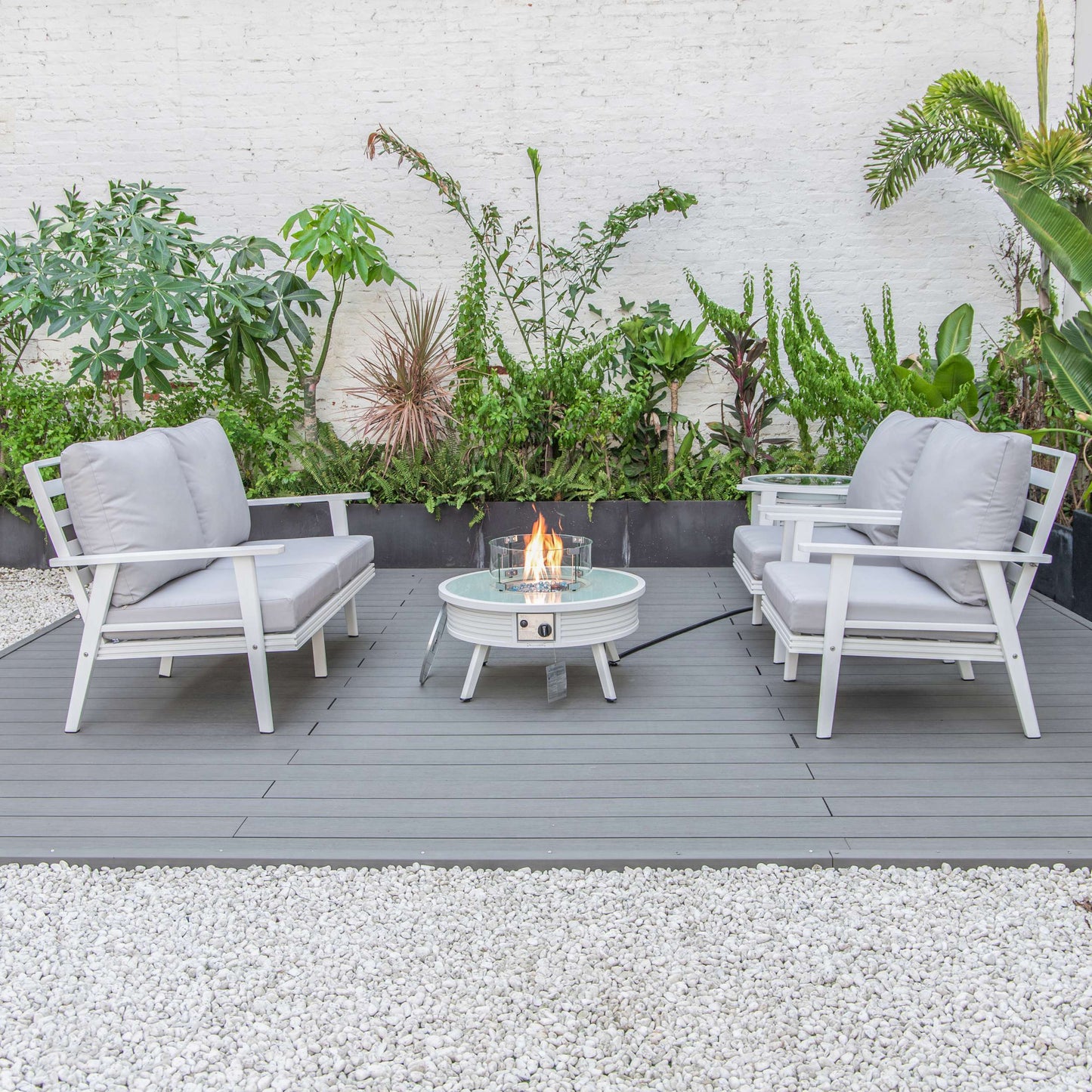 LeisureMod Walbrooke Modern White Patio Conversation With Round Fire Pit With Slats Design & Tank Holder | Outdoor Sofas, Loveseats & Sectionals | Modishstore - 57