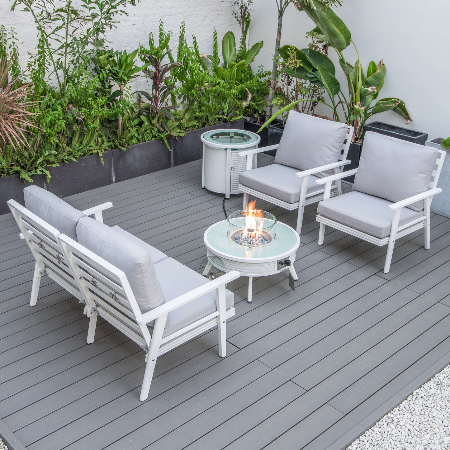 LeisureMod Walbrooke Modern White Patio Conversation With Round Fire Pit With Slats Design & Tank Holder | Outdoor Sofas, Loveseats & Sectionals | Modishstore - 58
