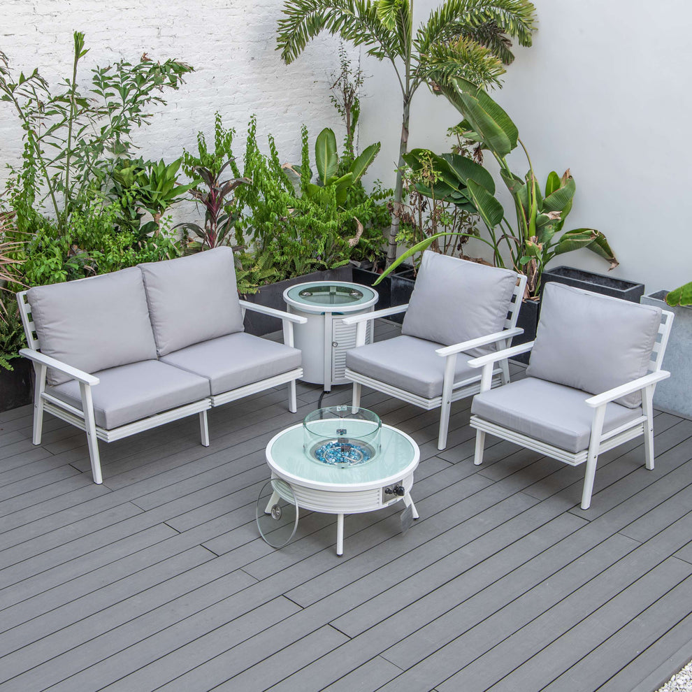 LeisureMod Walbrooke Modern White Patio Conversation With Round Fire Pit With Slats Design & Tank Holder | Outdoor Sofas, Loveseats & Sectionals | Modishstore - 59