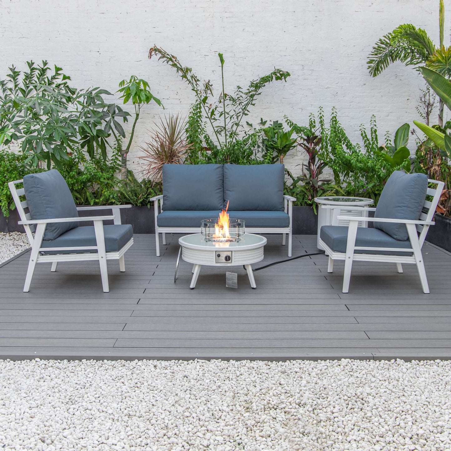 LeisureMod Walbrooke Modern White Patio Conversation With Round Fire Pit & Tank Holder | Outdoor Sofas, Loveseats & Sectionals | Modishstore - 77