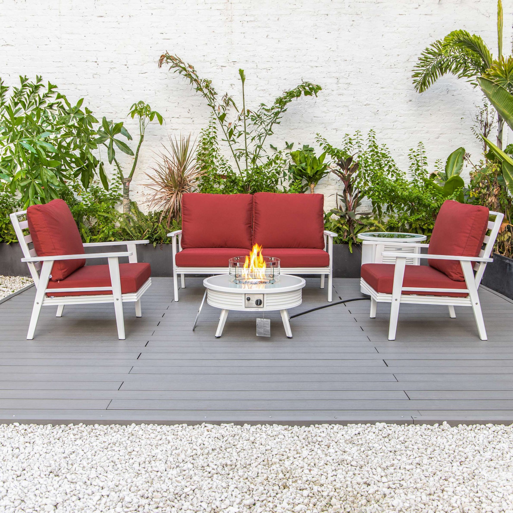 LeisureMod Walbrooke Modern White Patio Conversation With Round Fire Pit With Slats Design & Tank Holder | Outdoor Sofas, Loveseats & Sectionals | Modishstore - 41
