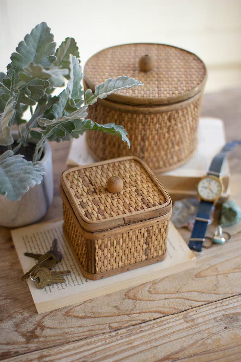 Set Of Two Round And Square Woven Cane Boxes By Kalalou | Holiday | Modishstore - 1