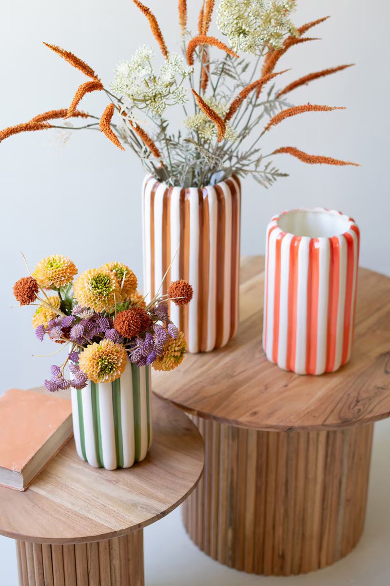Set Of Three Ceramic Vases With Vertical Stripes - One Each Color By Kalalou | Vases | Modishstore - 2