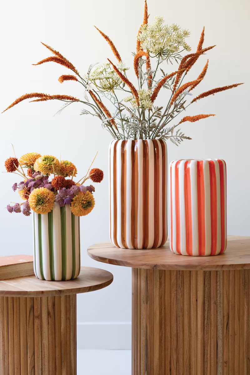 Set Of Three Ceramic Vases With Vertical Stripes - One Each Color By Kalalou | Vases | Modishstore - 1