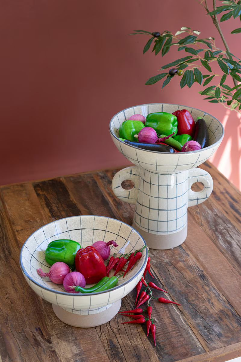 Ceramic Grid Design Compote With Handles By Kalalou | Outdoor Planters, Troughs & Cachepots | Modishstore - 2