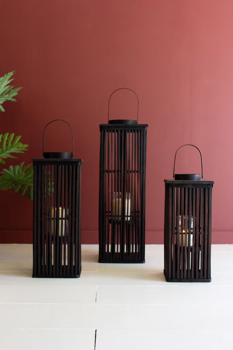 Tall Brown Rectangle Bamboo Lantern - W Glass Insert Large By Kalalou | Lanterns | Modishstore - 2