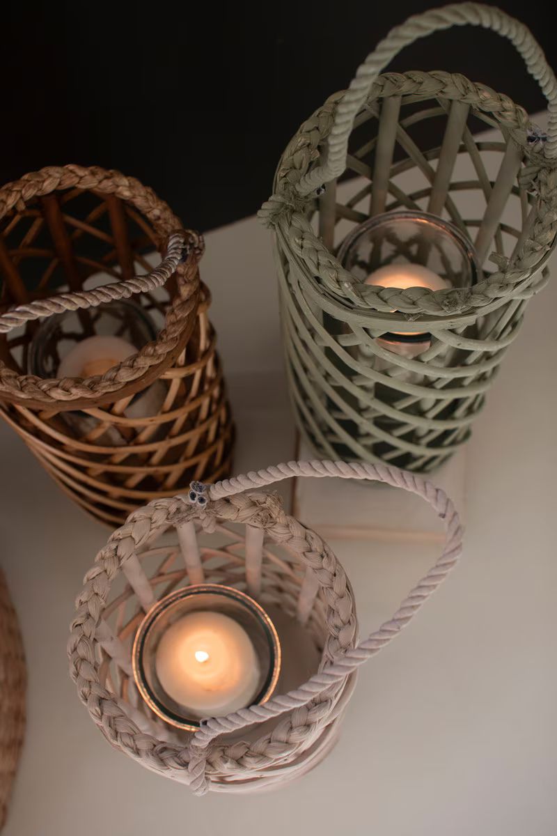 Set Of Three Willow Lanterns With Glass Inserts - One Each By Kalalou | Lanterns | Modishstore - 3