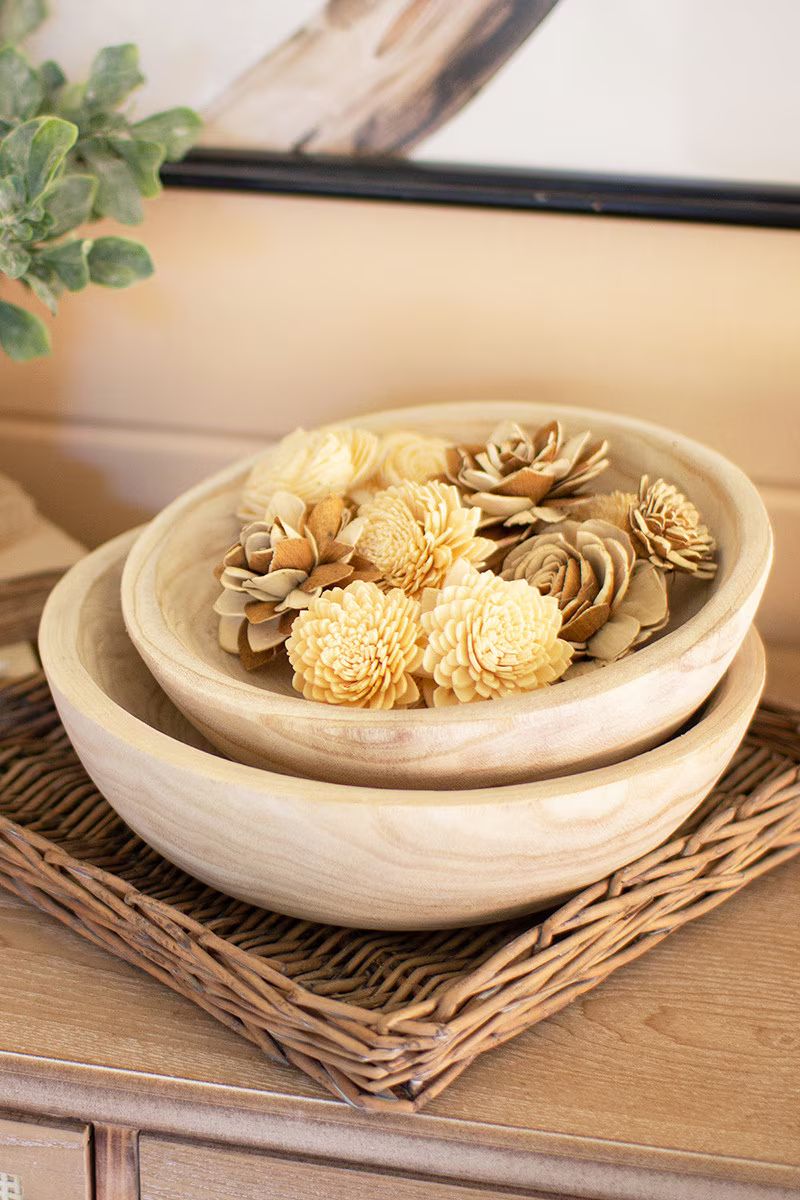 Set Of Two Hand Carved Round Wooden Bowls  (Min 2) By Kalalou | Bowls | Modishstore - 2