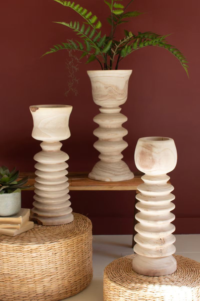 Set Of Three Turned Wood Towers With Cups By Kalalou | Candle Holders | Modishstore - 1