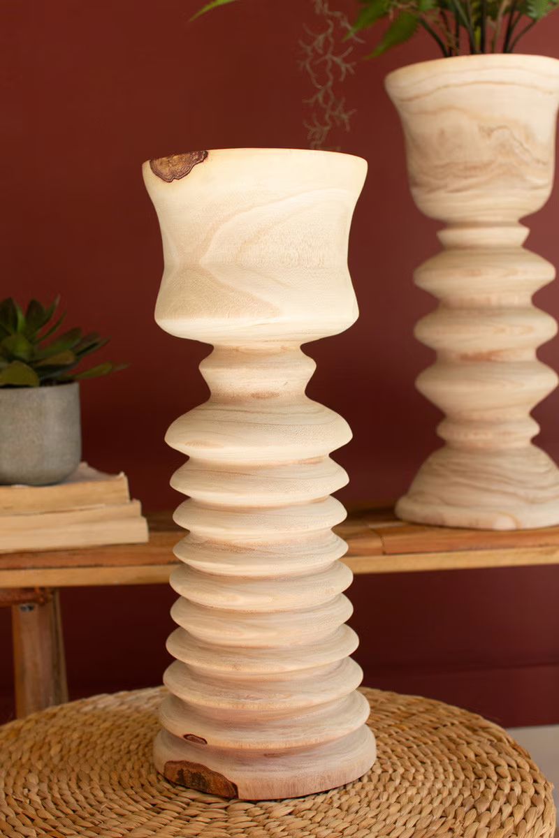 Set Of Three Turned Wood Towers With Cups By Kalalou | Candle Holders | Modishstore - 3