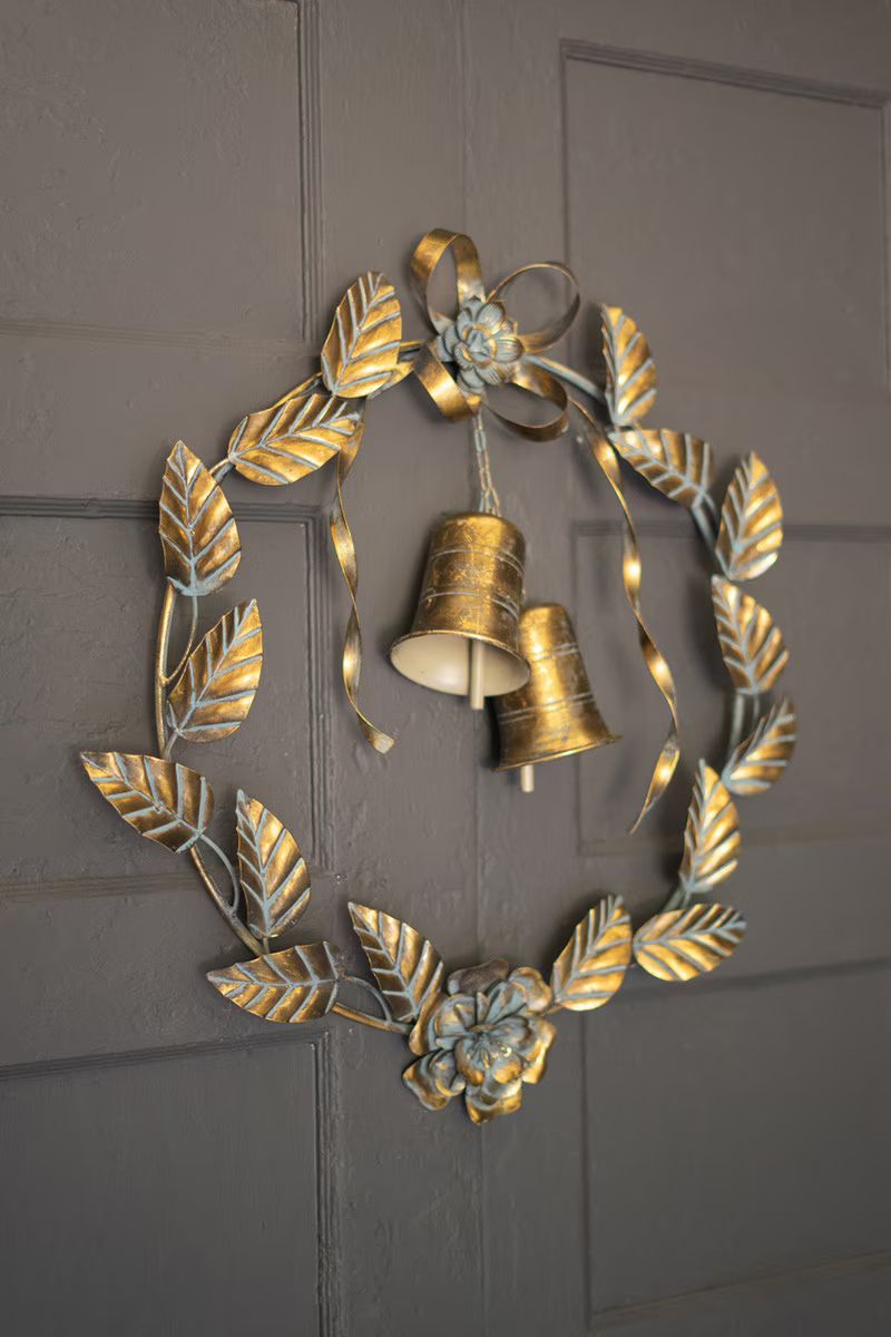 Antique Brass Christmas Door Wreath Leaves And Bells (Min 2) By Kalalou | Wreath | Modishstore - 2
