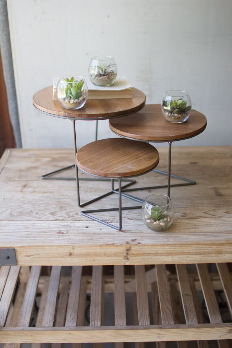 Set Of Three Round Wire Display Risers With Wood Tops (Min 2) By Kalalou | Side Tables | Modishstore - 1