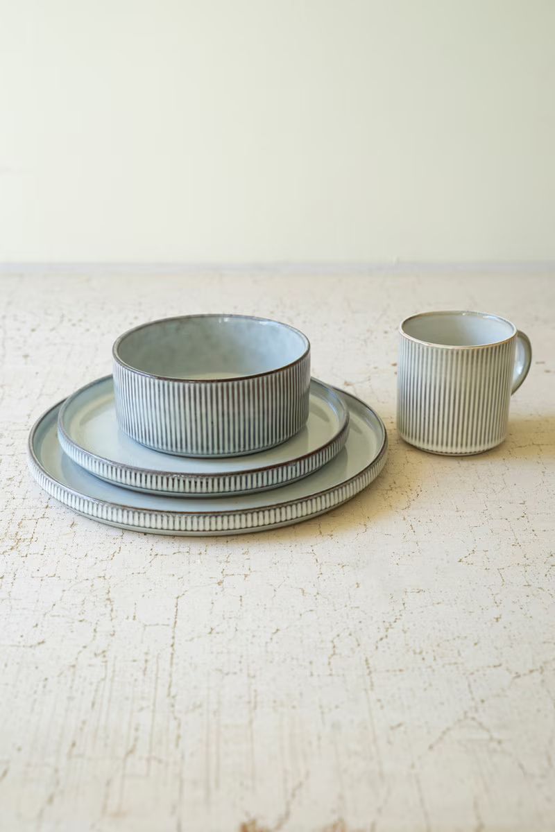 Set 3 Ribbed Light Grey Ceramic Dinner Plate, Salad Plate, Bowl By Kalalou | Dinnerware | Modishstore - 3