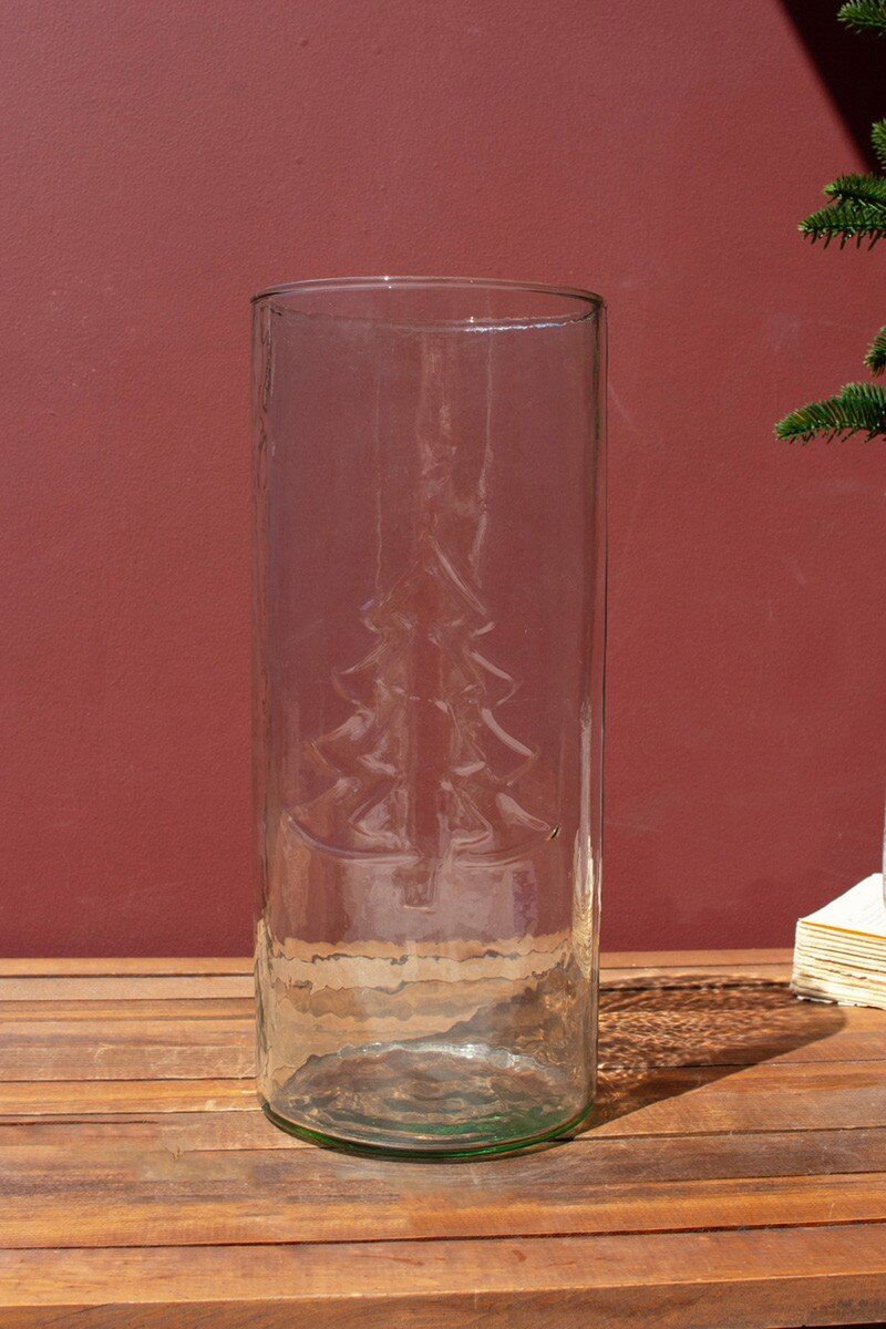 Clear Glass Cylinder With Embossed Christmas Tree By Kalalou | Candle Holders | Modishstore - 2