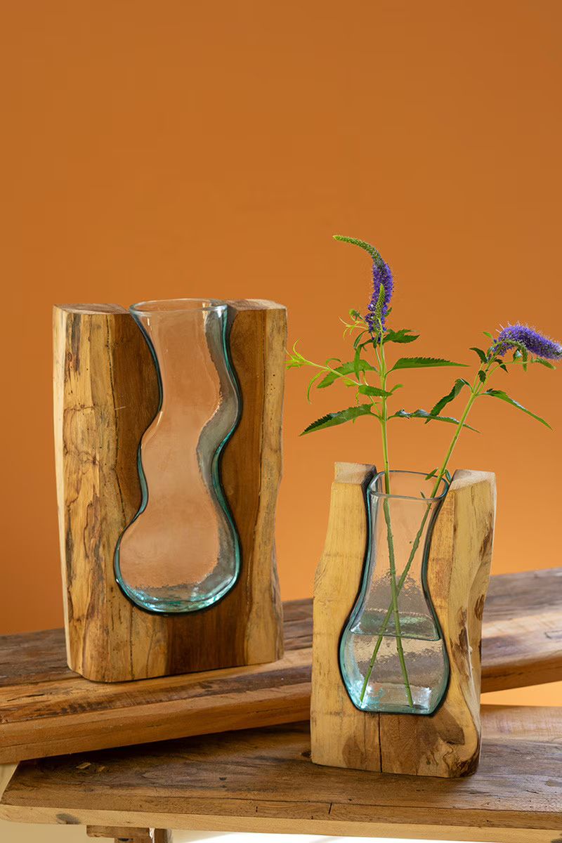 Blown Glass Vase Inside Of Teak Wood - Small By Kalalou | Vases | Modishstore - 3
