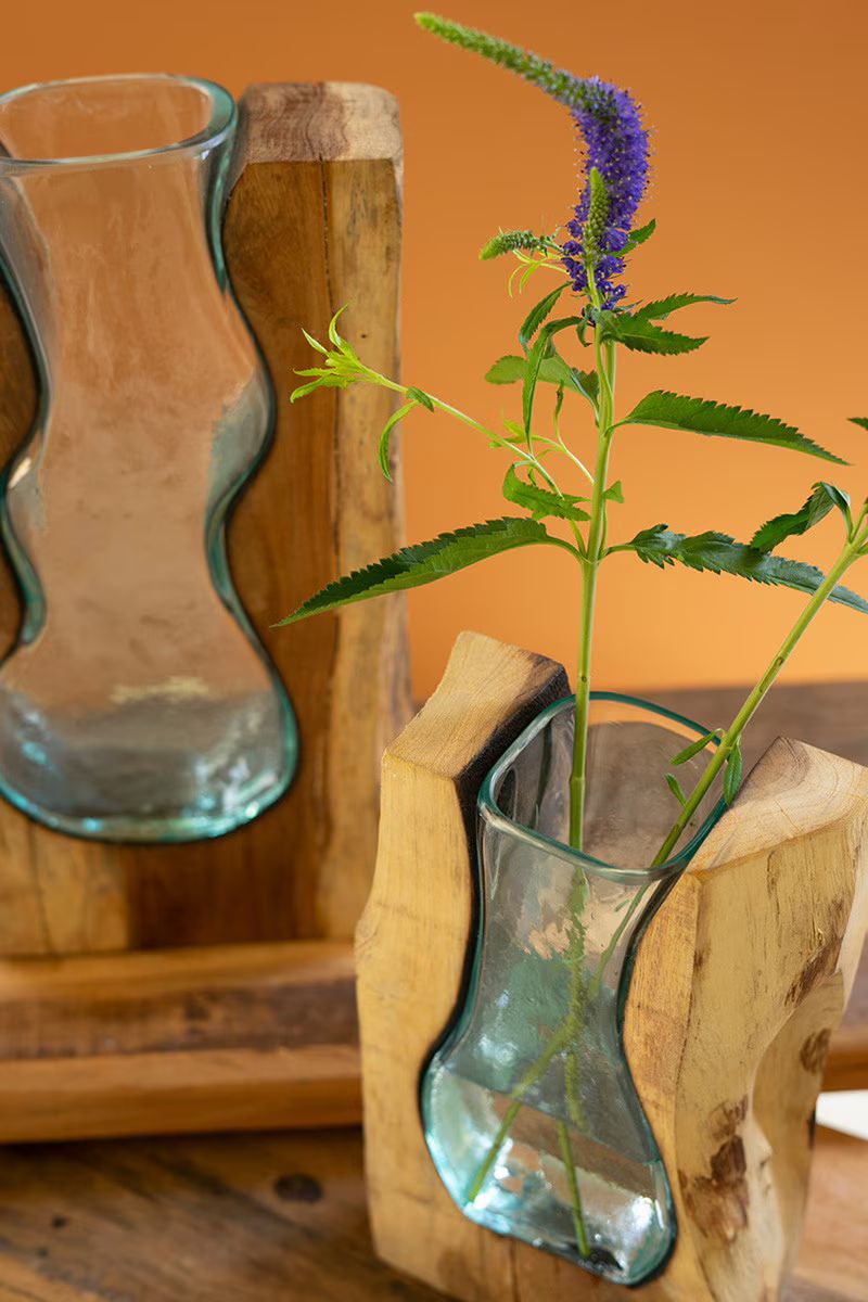 Blown Glass Vase Inside Of Teak Wood - Small By Kalalou | Vases | Modishstore - 2
