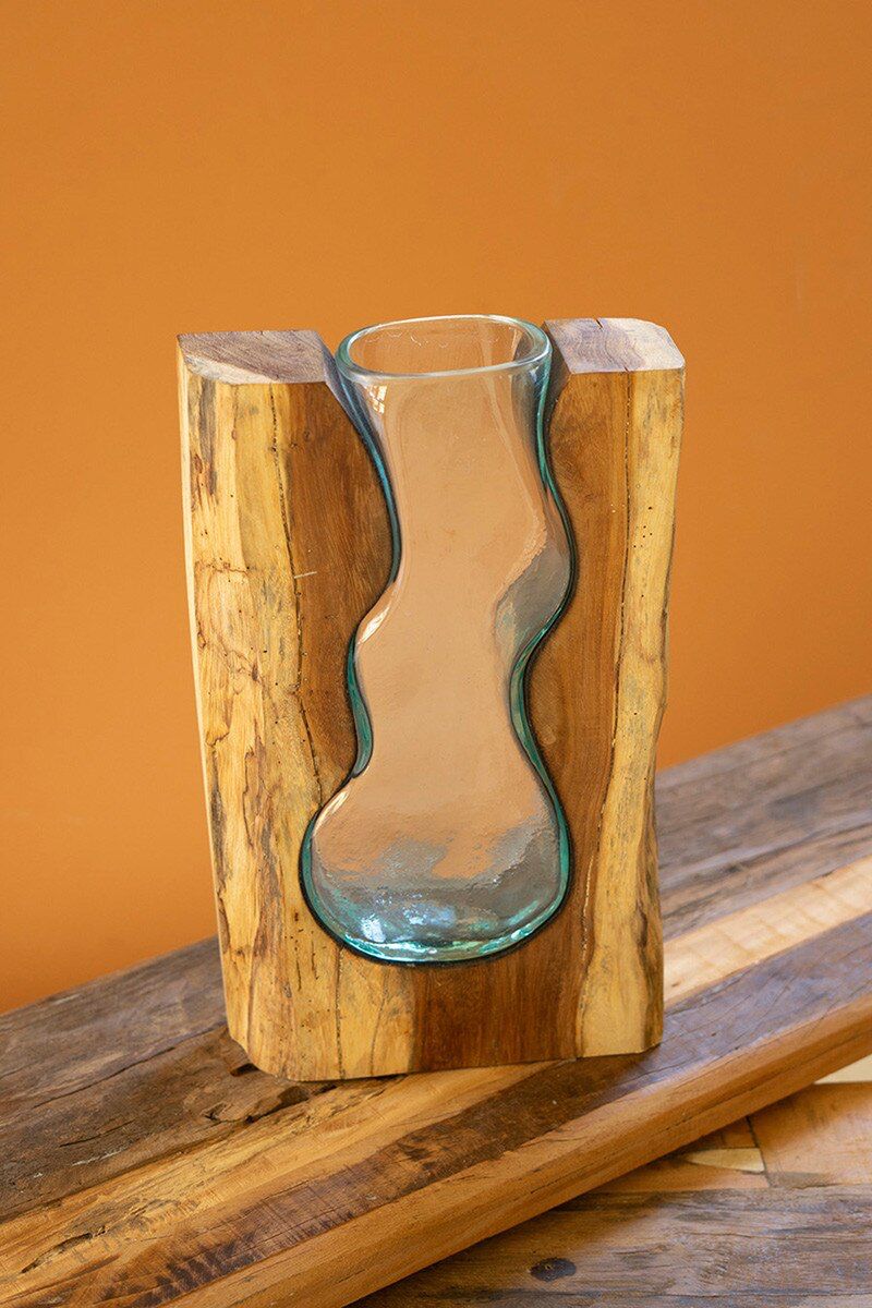 Blown Glass Vase Inside Of Teak Wood - Large By Kalalou | Vases | Modishstore - 1